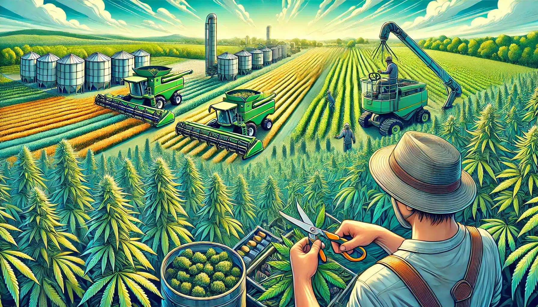 A vibrant and educational themed wide image featuring a scene of cannabis harvesting. The image includes a detailed depiction of both hand-harvesting - harvesting cannabis